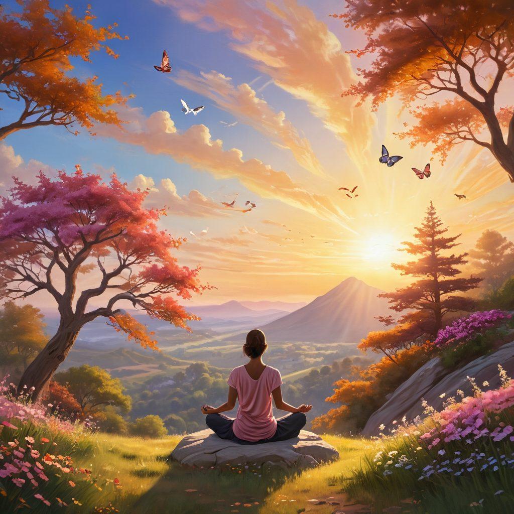 A serene landscape featuring a person meditating on a hilltop, surrounded by blooming flowers and vibrant trees. The sky is painted with warm hues of sunrise, symbolizing hope and positivity. Soft rays of sunlight beaming down, creating an ethereal atmosphere. Include butterflies fluttering around, representing transformation and joy. super-realistic. vibrant colors.