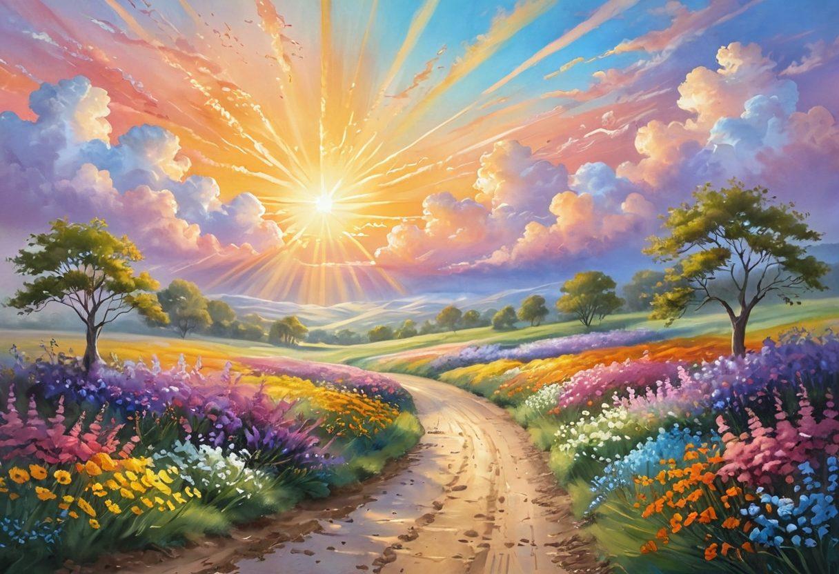 A radiant sunrise breaking over a serene landscape, symbolizing hope and new beginnings. Include a path leading towards the horizon, dotted with blooming flowers representing growth and joy. In the sky, fluffy clouds shaped like hearts and rays of light radiating warmth. Soft, uplifting colors that evoke happiness. pastel painting. vibrant colors.
