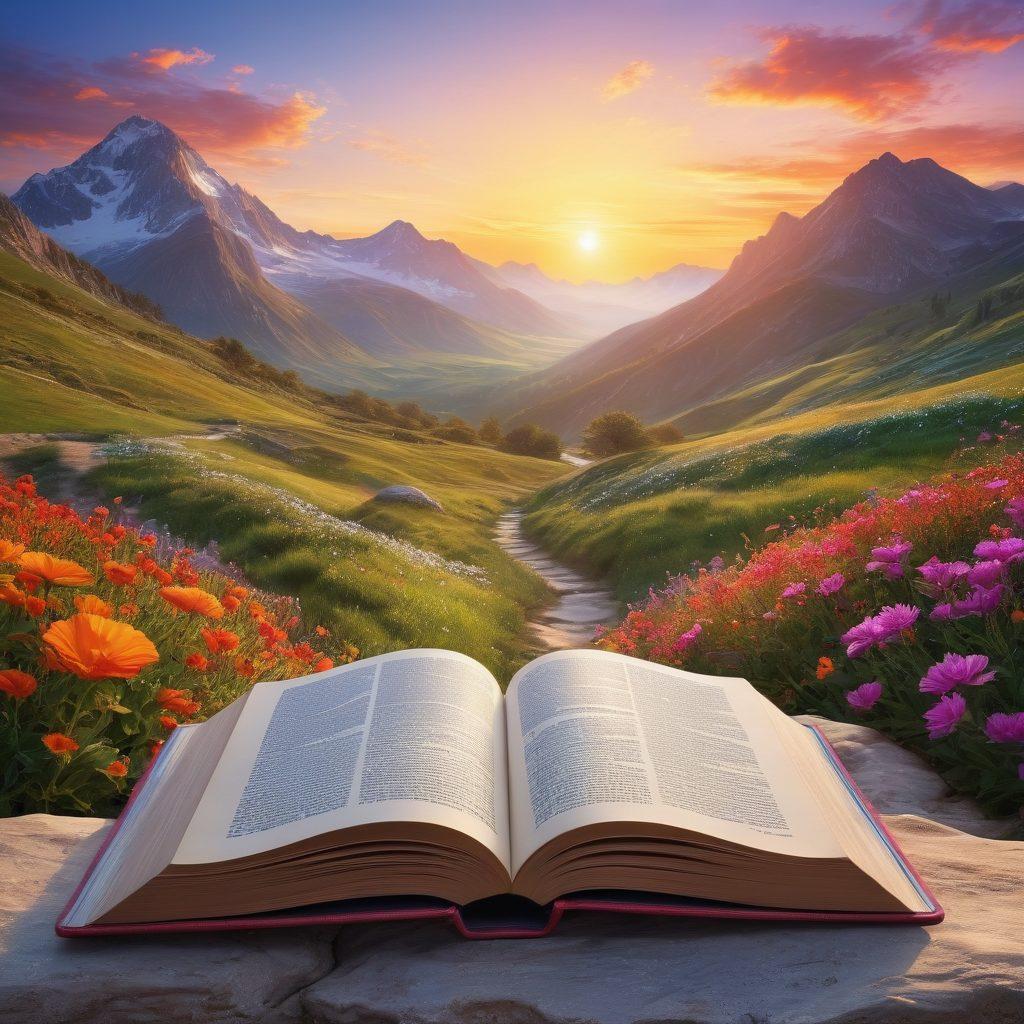 A serene landscape featuring a sunrise over a mountain range, symbolizing new beginnings and innovation. In the foreground, an open book with glowing pages, representing inspiration and knowledge. Surrounding elements include vibrant flowers and a pathway leading to a bright horizon, inviting viewers to embark on their journey. The overall mood should convey hope, tranquility, and possibility. super-realistic. vibrant colors. enchanting atmosphere.
